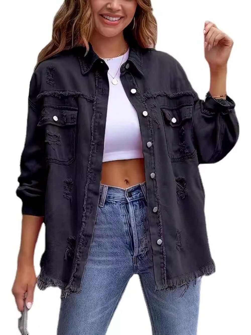 Women's Black Ripped Distressed Denim Jacket Oversized Basic Casual Jean Jacket